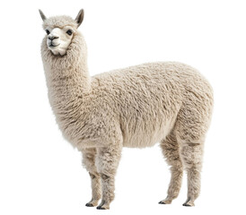 A white llama standing in front of a white background. The llama is looking at the camera with a curious expression