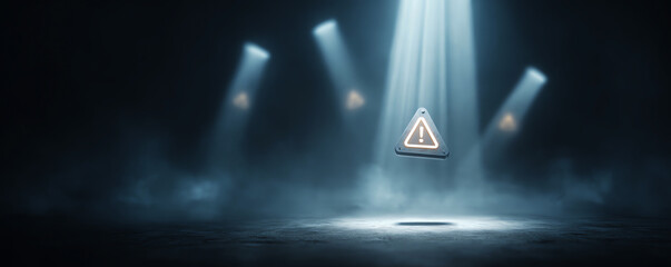 Glowing warning sign suspended in dark atmosphere, beams of light creating a dramatic visual effect.