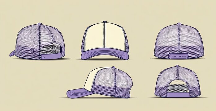 Flat vector illustrations of a purple and white trucker hat from multiple angles