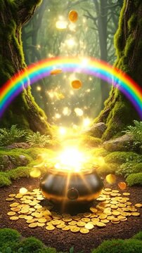 Pot of gold surrounded by golden coins and a vibrant rainbow in a lush green forest, with sparkling light effects illuminating the scene