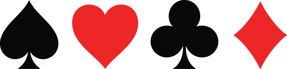 Playing card suit illustration set, spade heart club diamond symbols black red icons, vector artwork, gaming and entertainment theme, isolated background
