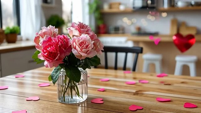 Romantic setup with pink flowers and heart decorations in a cozy kitchen during a special evening