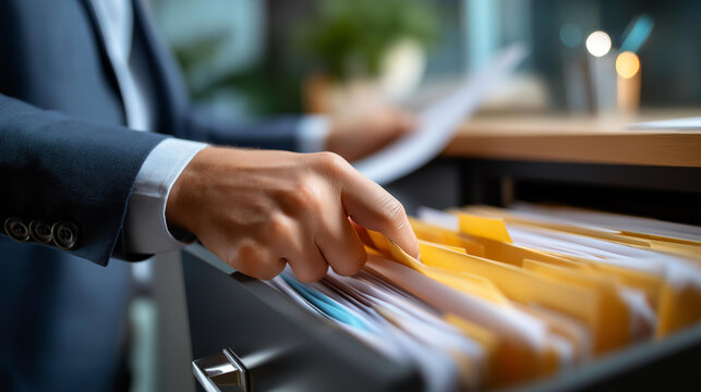 Hands filing compliance documents into cabinet drawer fingers organizing regulatory paperwork alphabetically shown systematic archival with organized document storage visible