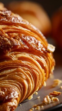 Frisch gebackenes Croissant aus Bl&auml;tterteig mit knuspriger Kruste. Goldbraunes franz&ouml;sisches Geb&auml;ck aus der B&auml;ckerei &ndash; warm, duftend und lecker.