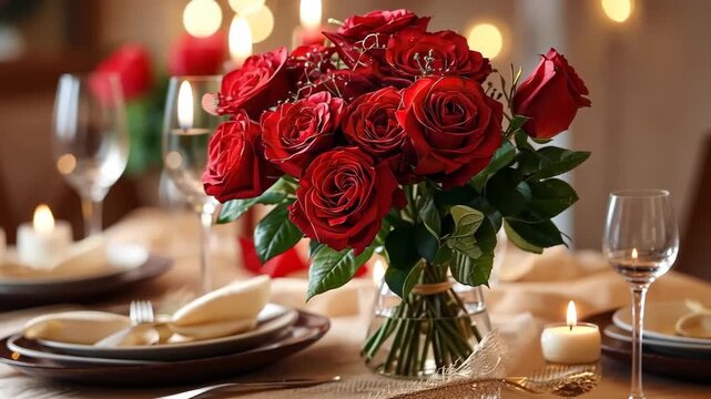 Roses are arranged on a table with candles and dinnerware for a special occasion in a cozy indoor setting during the evening