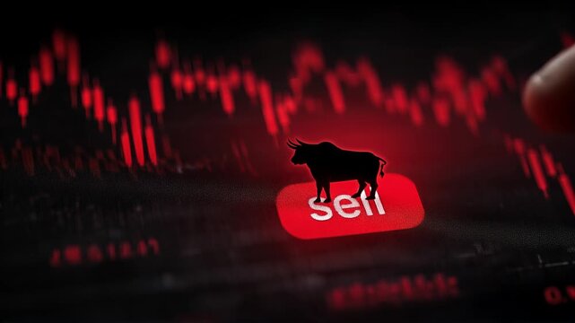 finger placing bull symbol on red sell button. red market chart graph in declining bull market economy on dark display