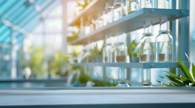 A bright laboratory with a wooden table in the foreground and a blurred background with green plants and glassware.