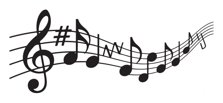 Flowing musical staff with various notes rests and accidentals representing musical composition rhythm