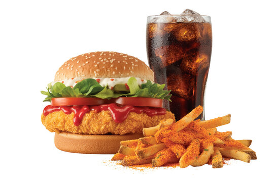 Spicy Zinger Burger Meal with Peri Peri Fries and Cold Drink Isolated on Transparent Background PNG