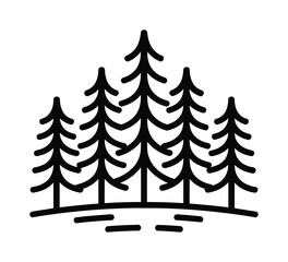 Obraz premium Black-and-white vector illustration of a group of tall pine trees on a hill