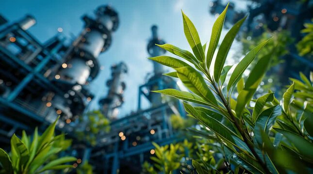 Green leaves against the background of blurred industrial structures and factory pipes under a blue sky. Ecology, green technologies, and reduced emissions.