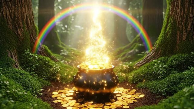 Black pot filled with gold coins emits sparkling light in a lush green forest, under a vibrant rainbow arching across the sky, creating a magical scene