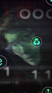 Vertical video: Scan sweep starting green face emerging while teal icons shifting, showing eco data