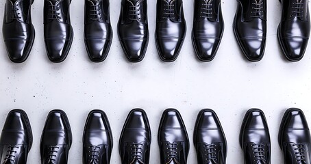 Anthropomorphic Surreal Silliness Concept of Identical Black Leather Shoes Lined in Perfect Order for Corporate Conformity and Business Uniformity