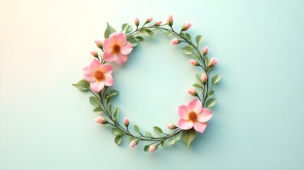Delicate Pink Flower Wreath with Green Leaves on Pale Blue