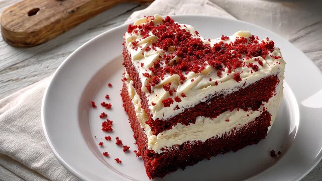 Red velvet cake slice served on a white plate with crumbs on the table in a bright kitchen setting