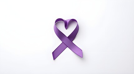Purple ribbon tied in a heart shape on white background
