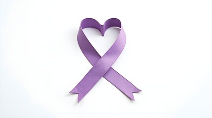 Purple ribbon tied in a heart shape on a white backdrop