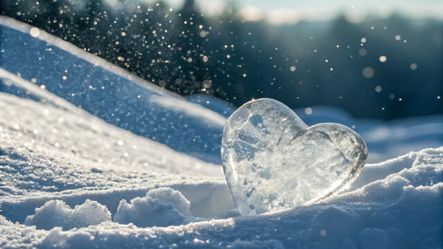 Heart-Shaped Ice Sculpture in Snowy Landscape with Falling Snowflakes