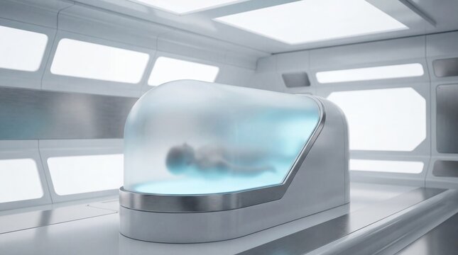 Human in a cryopod. Futuristic hibernation chamber in a science fiction setting. Space travel, long term medical preservation and future technology concept.
