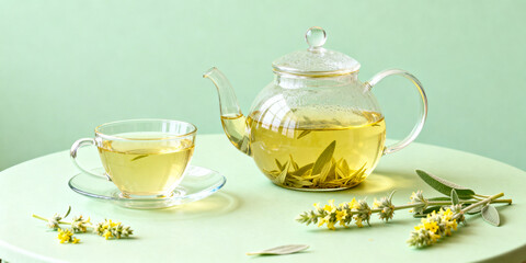 Glass teacup and teapot filled with sage herbal tea