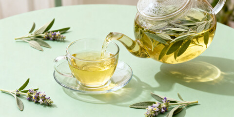 Pouring sage herbal tea into a glass teacup