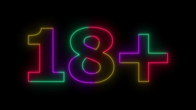Neon Glowing 18 Plus Symbol Animation on Dark Background.