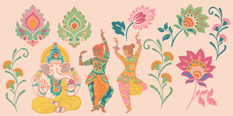 Obraz premium A set of 11 vector Indian ethnic decorative elements. Floral elements, dancing, women in traditional sari clothes, sacred ganesha, plants, paisley ornament. Diwali festival motifs stickers for postcar
