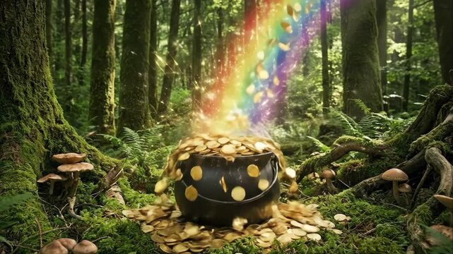 Pot of gold overflowing with coins under a vibrant rainbow in a lush green forest, surrounded by ferns and mushrooms, creating a magical St. Patrick's Day scene