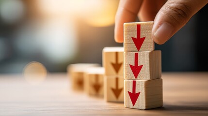 cube with cost and red downward arrow placed on table with hand showing concept of economic recession and inflation control with copy space economic recession, inflation control, profit improvement, 