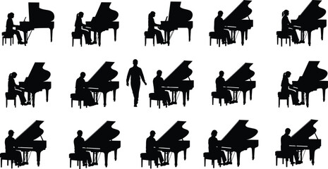 Collection of black silhouettes featuring male and female musicians playing grand pianos for music education, concert performance, and artistic design. © Faruk Here
