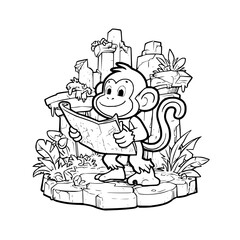 Monkey Holding Map in Jungle Cityscape