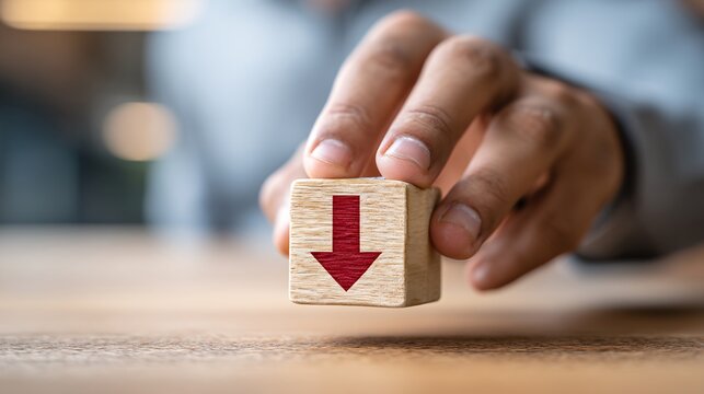 cube with cost and red downward arrow placed by hand on desk representing savings and economic stability with copy space savings, economic stability, profit growth, cost reduction, inflation 