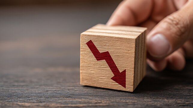 cube with cost and red downward arrow held by hand symbolizing economic reform and business sustainability with copy space economic reform, business sustainability, profit maximization, cost 