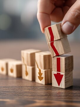 cube with cost and red downward arrow held by hand symbolizing economic reform and business sustainability with copy space economic reform, business sustainability, profit maximization, cost 