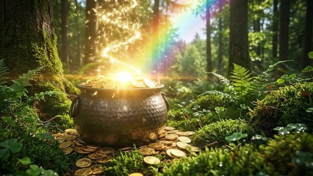 Pot of gold overflowing with coins emits sparkling light and rainbow in lush green forest surrounded by ferns and moss, symbolizing St. Patrick's Day treasure