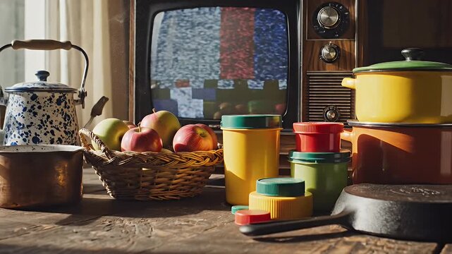 Vintage rustic kitchen still life featuring retro television, enamel teapot, fruit basket and colorful bowls on sunlit wooden table
