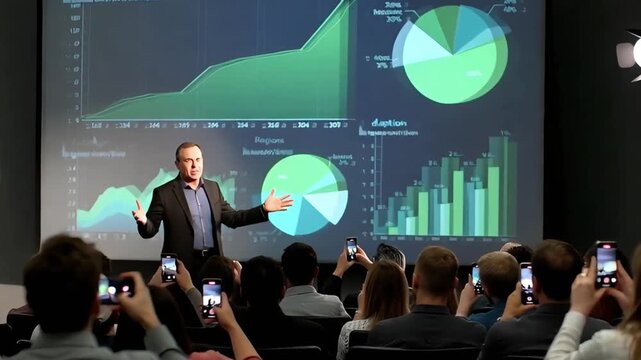 speaker at business conference showing renewable energy growth charts on large screen