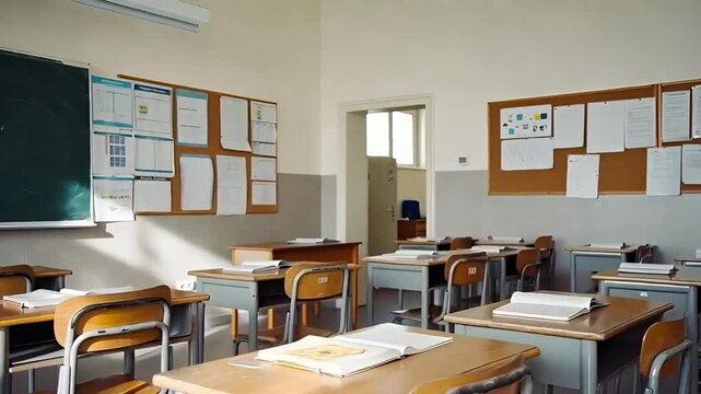 empty school classroom with wooden desks and chairs lit by soft sunlight with green chalkboard on the wall and information posters creating a peaceful educational atmosphere in the room