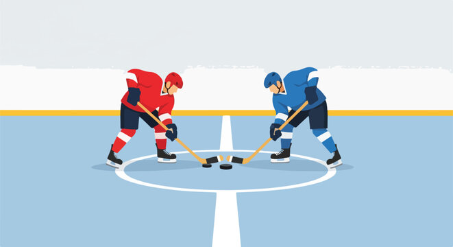 Two hockey players in red and blue uniforms face off at center ice, ready for a faceoff with the puck.
