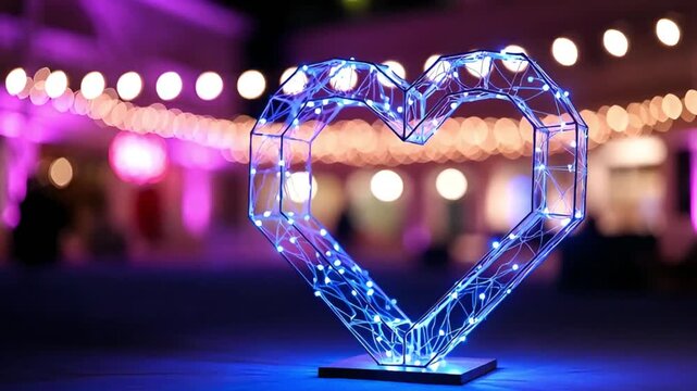glowing installation in shape of heart made of geometric blue lines with lights. structure is set on dark background with blurred pink and yellow garland lights.