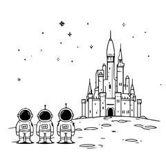 Astronauts Standing in Front of Medieval Castle on Moon