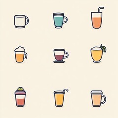 Fototapeta premium Minimal Flat Beverage Icon Set – Cute Line Art Drink Illustrations on Neutral Background