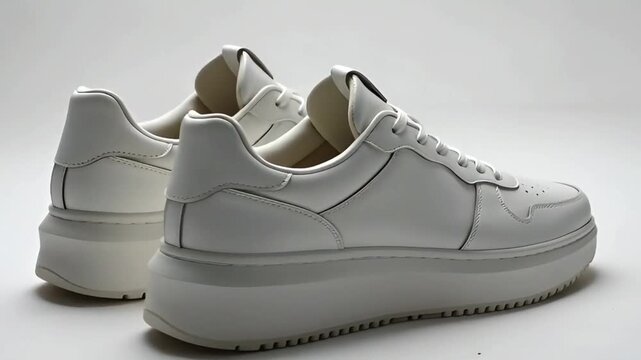 pair of new white leather sneakers on platform close up on light background with camera rotating around