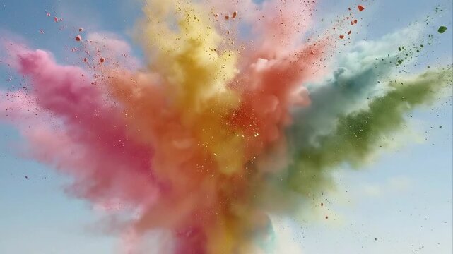 Vibrant Holi powder explosion against a clear blue sky Keywords: holi, powder, color, explosion
