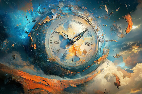 Surreal digital artwork of a giant clock face disintegrating in a dramatic sky with clouds and floating debris