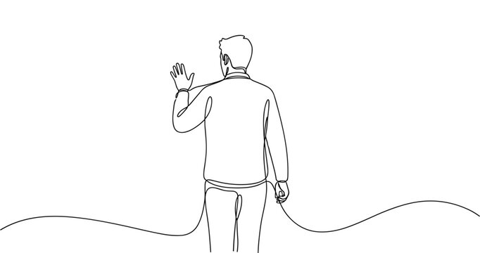 Continuous line drawing of caucasian male adult waving goodbye. No editable stroke