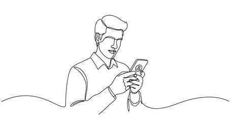 Obraz premium Line art of young caucasian male using smartphone with messaging icon. No editable stroke