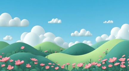 Fototapeta premium Cartoon scene of rolling hills, blue sky, clouds, and pink flowers