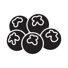 A simple black and white illustration depicting a cluster of round blueberries visually appealing